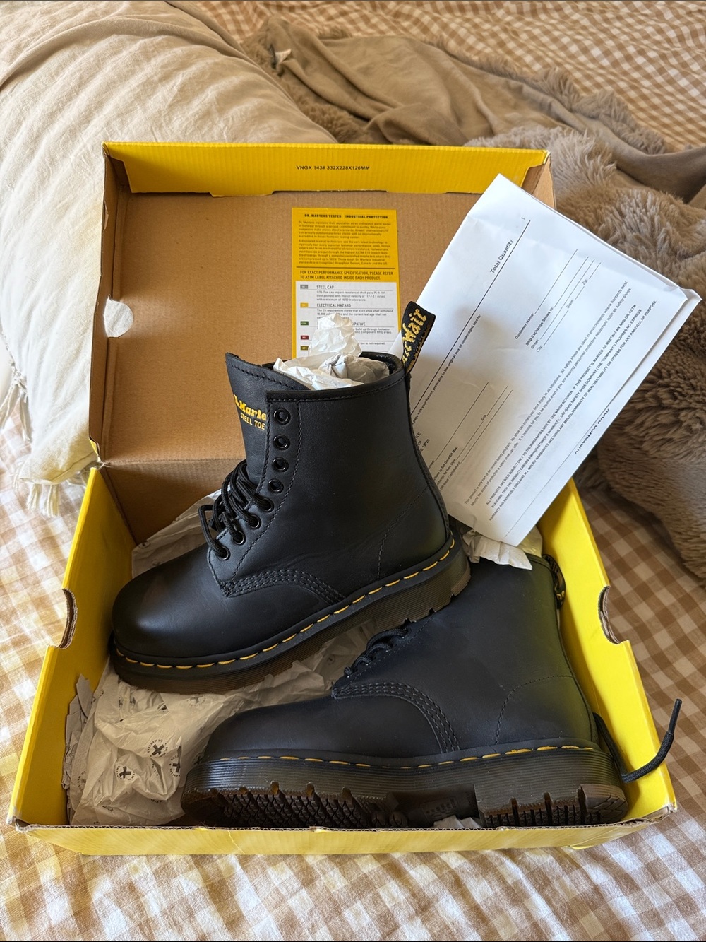 Dr. Martens Black Leather 1460 SR ST NWT 8-Eye Boots with Yellow Stitching. NIB